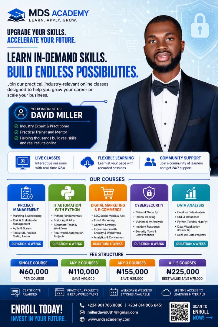 MDS Academy flyer: courses in project management, IT automation with Python, digital marketing and e-commerce, cybersecurity and data analysis, with enrolment details